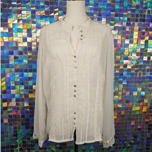 White Stag Lace Trim Pintuck Blouse Women L White Excellent Boho Cottagecore
